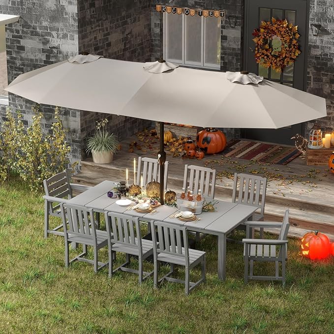 9-Piece Grey Outdoor Dining Set with White 15FT Large Patio Umbrella, 75.2'' HDPE Table & Chairs for 8, Weather-Resistant Furniture with Umbrella Hole for Patio, Lawn, Poolside PatioKingdom