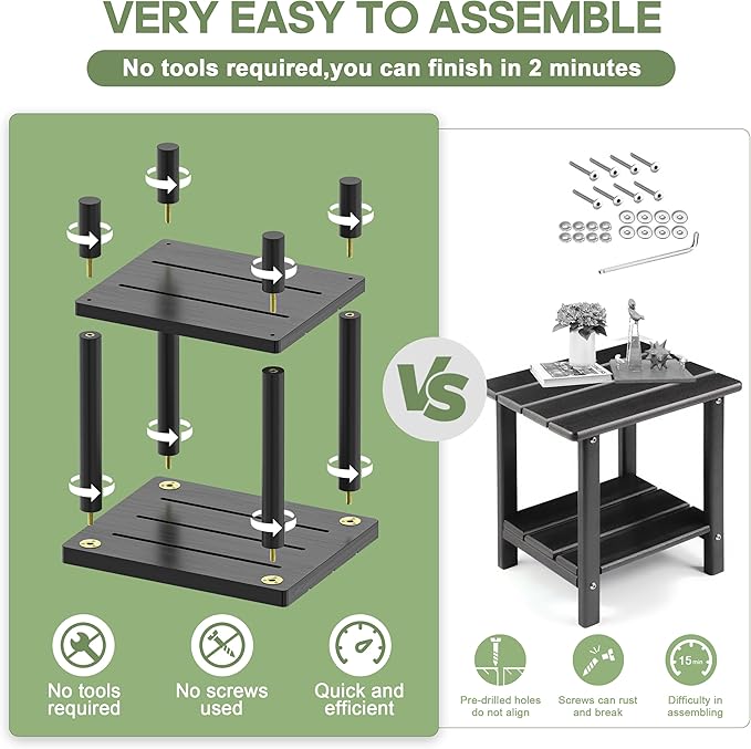 Outdoor Side Table, 2-Tier Small Outdoor Table for Patio, Adirondack Side Tables for Outside or Indoor, Bamboo End Table for Pool, Porch, Weather Resistant Easy Maintenance-Black LEJANEOYE