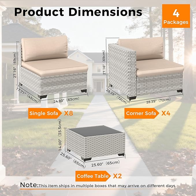 12-Seat Modular Patio Furniture Set – Outdoor Wicker Sectional Sofa with Thick 4″ Cushions, Dual-Strand PE Rattan, Rust-Resistant 18 mm Steel Frame, Backyard Garden Deck Lounge,Beige MASIONBACKYARDS
