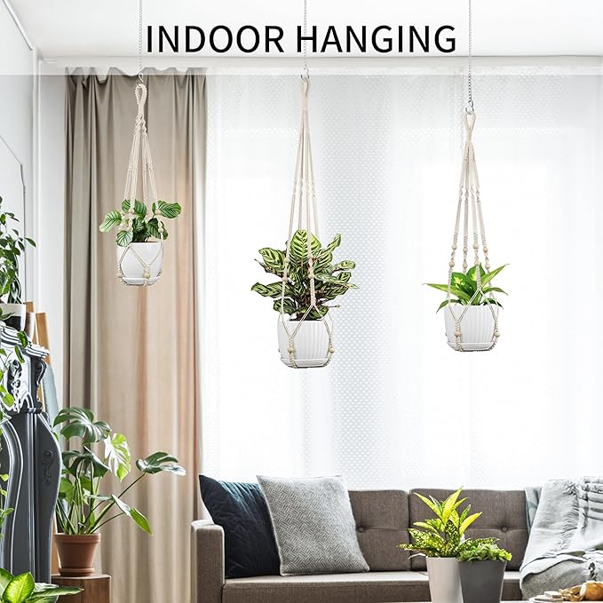 Macrame Plant Hanger - Fits 4 to 15 inches Pots for Indoor Outdoor, 43"/35"/29" Different Sizes Set, Ivory (POTS NOT Included) IDEEEPAN