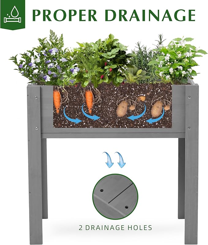 SoliWood Set of 2 Raised Garden Bed with Legs, 31x16x31'', Outdoor Wood Elevated Planter Box, Grey Cedar, Thick Legs, w/Liner OutdoorFurniture