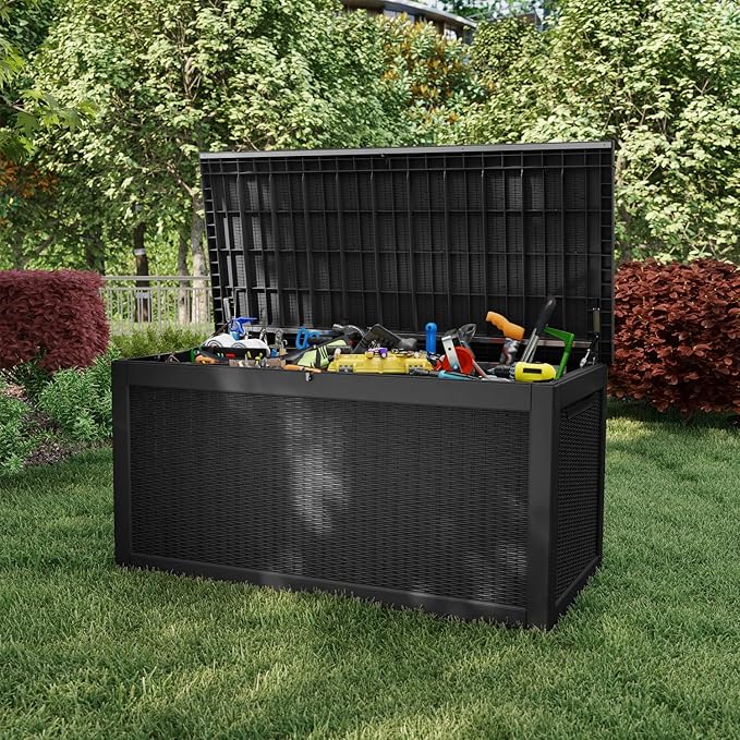 310 Gallon Lockable Outdoor Storage Box – Waterproof Resin Deck Box for Patio Furniture, Garden Tools, Pool Accessories (Black) Rootora