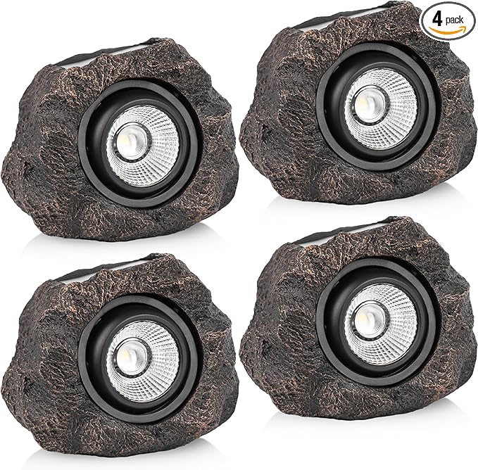 Solar Rock Lights Outdoor – 4 Pack Waterproof LED Landscape Garden Spotlights, Realistic Stone Design, Wireless Solar Powered Pathway Lights for Yard, Walkway, Patio & Lawn Decoration (Auto On/Off) VISFLAIR
