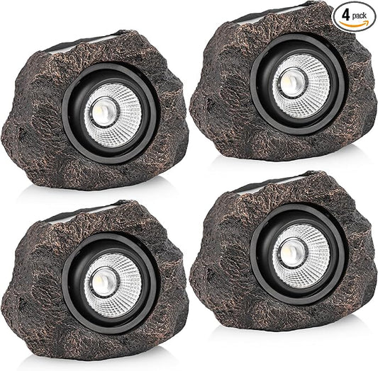 Solar Rock Lights Outdoor – 4 Pack Waterproof LED Landscape Garden Spotlights, Realistic Stone Design, Wireless Solar Powered Pathway Lights for Yard, Walkway, Patio & Lawn Decoration (Auto On/Off) VISFLAIR