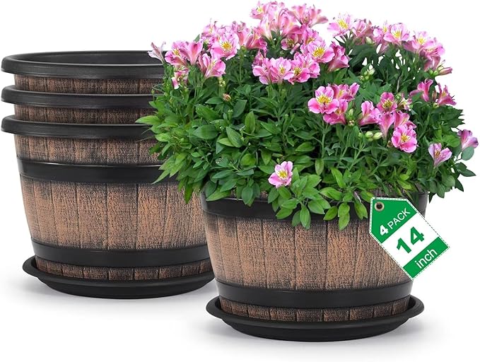Quarut Large Plastic 4 Pack14 inch Plant Pots,Whiskey Barrel Planters with Drainage Holes & Saucer.Flower Pots Imitation Wine Barrel Design for Indoor & Outdoor Garden Balcony Plants.5 Gallons(Brown) Quarut