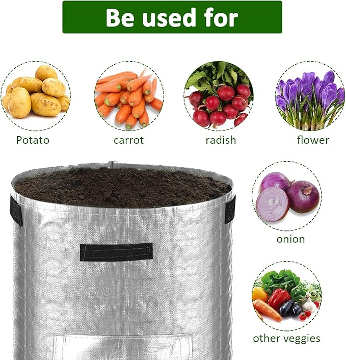 JJGoo Potato Grow Bags, 4 Pack 10 Gallon Potato Planter with Flap and Handles Planter Pots for Onion, Fruits, Tomato, Carrot - Grey JJGoo