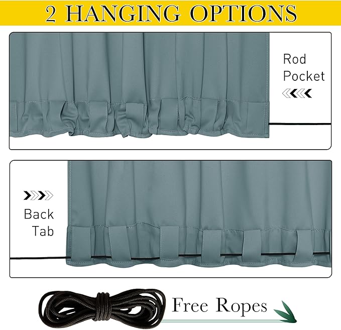 NICETOWN Outdoor Curtains for Patio Waterproof 108 inches Long 2 Panels, Windproof Thermal Insulated Top & Bottom Grommet/Back Tab Privacy Drapes with Rope for Fixed, Greyish Blue, W52 x L108 NICETOWN