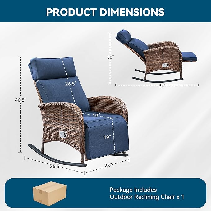 Zero Gravity Patio Rocking Wicker Recliner Chair - Wicker Outdoor Lounge Chair with Adjustable Backrest & Footrest, All Weather Reclining Rocker Chairs with Thick Cushion for Pool Deck Blue JelwalyPatioFurnitureSet