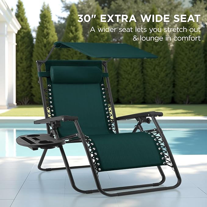 Best Choice Products 30” Wide Folding Zero Gravity Outdoor Recliner Patio Lounge Chair w/Adjustable Canopy Shade, Headrest, Side Accessory Tray - Forest Green BestChoiceProducts