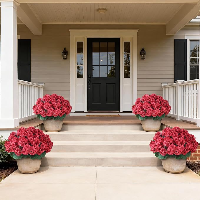 2 Pack Artificial Geranium Flowers Topitary Trees for Outdoors, UV Resistant Geraniums Potted Bushes Look Real Silk Faux Plants for Front Door Garden Porch Planter Farmhouse Home Decor (Red) GLIDLION