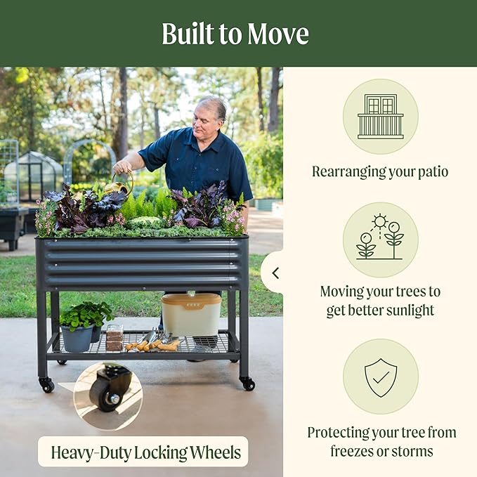 Rolling Elevated Raised Garden Bed-V Series, 2' x 8' Garden Beds with Legs & Storage Rack for Patio & Porch, 1400 Lbs Weight Capacity, Outdoor Planter Box for Vegetables Flower Herbs, Modern Gray VegoGarden