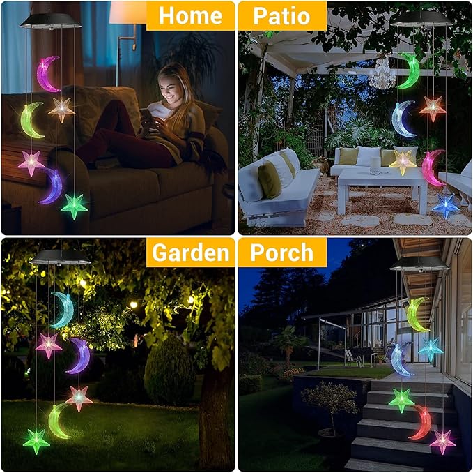 Toodour Solar Wind Chimes, Color Changing Wind Chimes Moon and Star, LED Decorative Mobile, Gift for Mom Grandma, Waterproof Outdoor Moon Star Light for Garden, Patio, Yard, Window Outdoor Decor Toodour