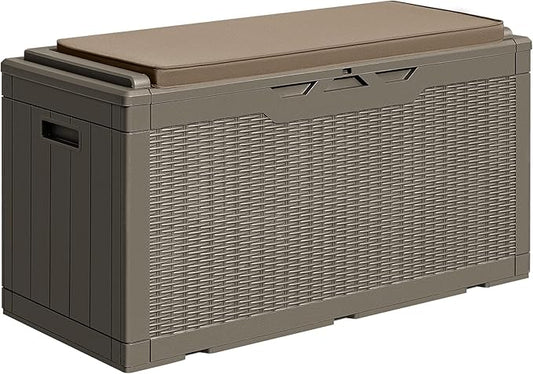 Greesum 100 Gallon Resin Deck Box Large Outdoor Storage with Cushions for Patio Furniture, Garden Tools, Pool Supplies, Weatherproof and UV Resistant, Lockable, Coffee BuynowfromGreesum