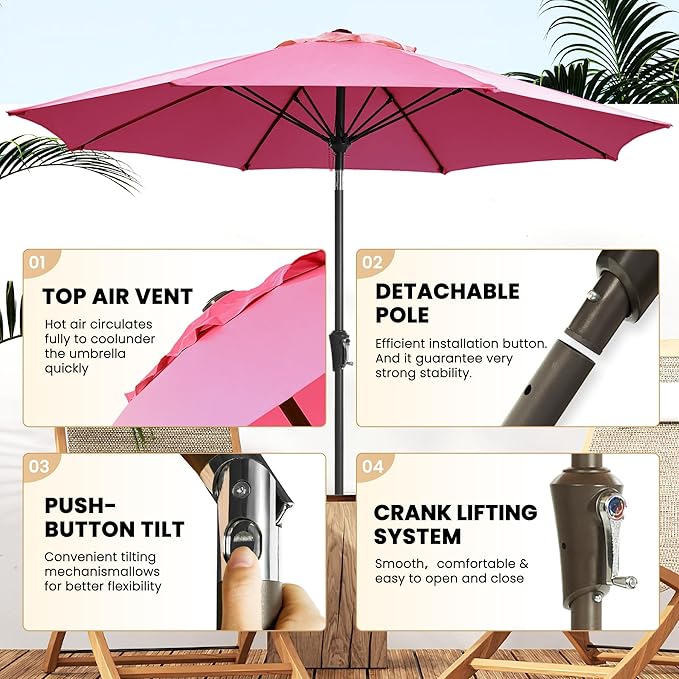 Ayge 9FT Large Outdoor Patio Umbrella Market Table Umbrella-UV Resistant, Easy Push Button Tilt and Crank, 8 Sturdy Fiberglass Ribs Heavy-Duty Pool Umbrella for Deck, Backyard,Garden,Rose Pink AYGE