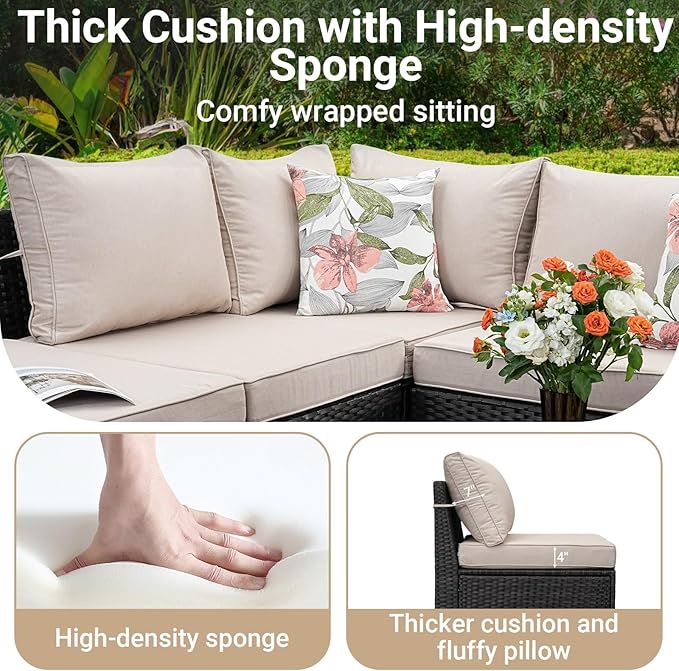 Jing's Villa 7-Piece Patio Furniture Set, All-Weather Outdoor Wicker Sectional Sofa with Cushions, Tempered Glass Table & Ottoman, Rattan Conversation Seating for Porch, Garden, Backyard,Beige JingsVillaOutdoorFurniture