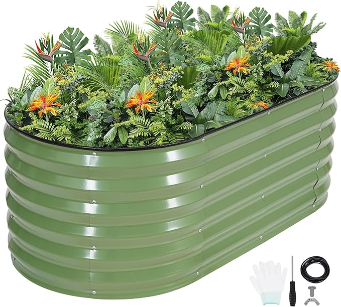 G GOOD GAIN Raised Garden Beds - 4x2x1.4ft Galvanized Planter Boxes Kit with Protective Tape & Gloves & Tools | Oval Metal Outdoor Raised Bed for Gardening Vegetables, Fruits, Flowers, Herbs, Oliver GGOODGAIN