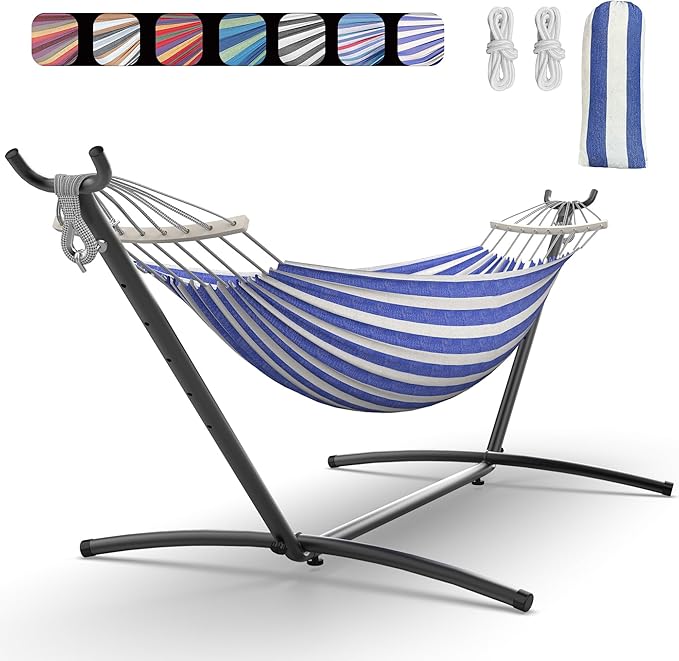 Double Hammock with Heavy-Duty Steel Stand,Portable,Easy Assembly,600lbs Weight Capacity,Perfect for Indoor,Yard,Camping,or Outdoor-BlueWhite Rootora