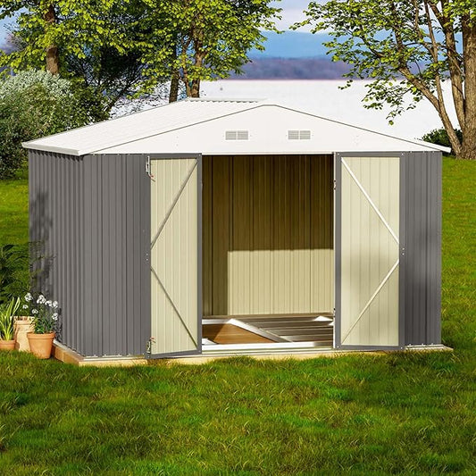 Patiowell 10 x 8 FT Outdoor Storage Shed with Floor Frame, Large Garden Tool Metal Shed with Sloping Roof and Double Lockable Door for Backyard Garden Patio Lawn,Grey Patiowell