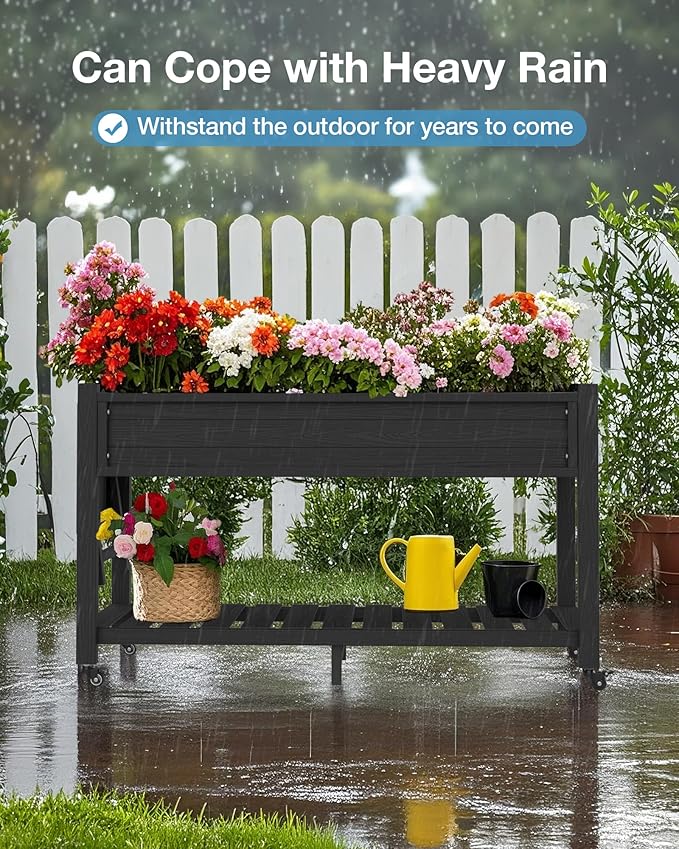 YEFU Raised Garden Bed with Legs: 57x18x30in Weight Capacity 400lb - Waterproof Raised Planter Box with Wheels - Elevated Garden Bed with Storage Shelf - Weather Resistant - for Deck/Patio/Porch/Black YEFU
