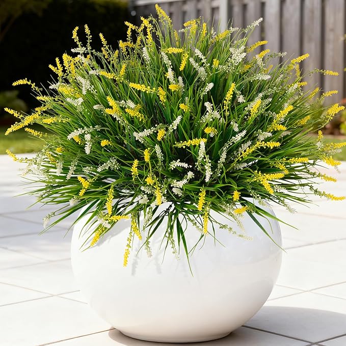 Artificial Faux Plants for Outdoor Spring Decoration, 12 Pcs Fake Monkey Grass for Garden Porch Balcony Planters, Fake Flowers Shrubs UV Resistant No Fade Plants Greenery Bush(Yellow White) Ammyoo
