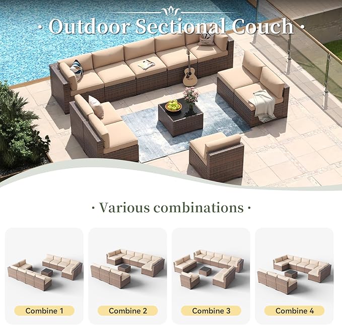 Aoxun 11 Piece Patio Furniture Set Wicker Rattan Patio Conversation Set Outdoor Sectional Sofa Set with Coffee Table and Thickened Cushions, Beige(Waterproof Cover Included) Aoxun