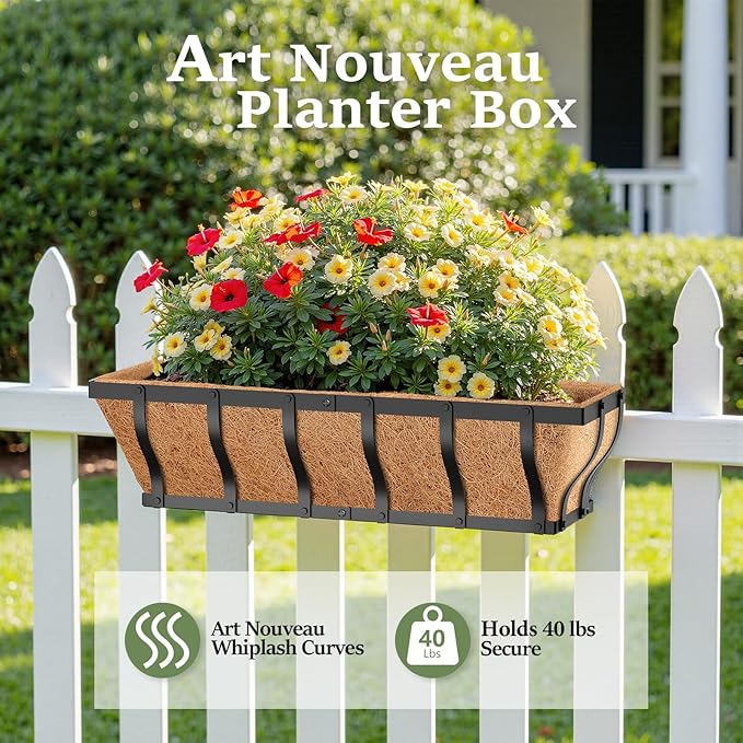 Railing Planter Boxes, Heavy Duty Window Box Planters, Adjustable Balcony Planters for Railing Hanging, with Coco Liner & Support Rod for Deck, Porch, and Patio Gardening (2 Pack, 24 Inch) VOXOR