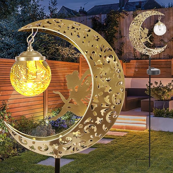 Solar Lights Outdoor Waterproof Fairy Moon Crackle Glass Lights with Metal Angel Decor for Walkway Yard Patio or Garden Gifts for Mom Grandma Friends QOCNAM