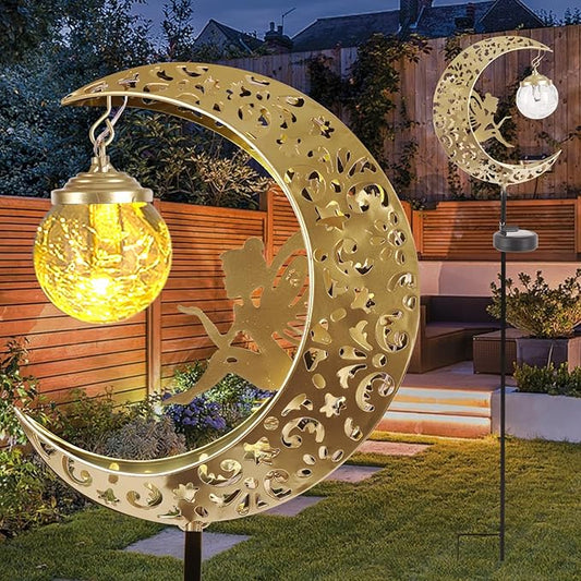 Solar Lights Outdoor Waterproof Fairy Moon Crackle Glass Lights with Metal Angel Decor for Walkway Yard Patio or Garden Gifts for Mom Grandma Friends QOCNAM