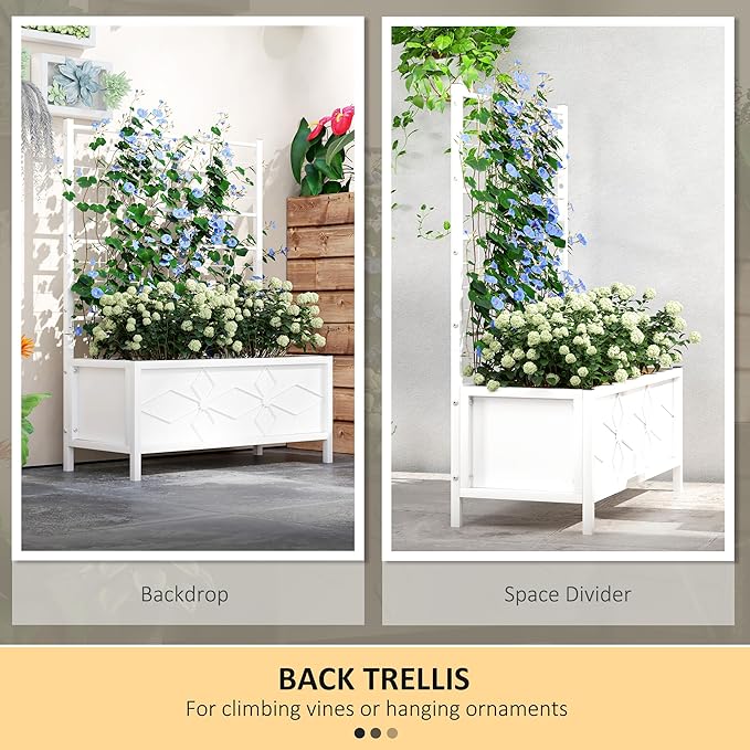 Outsunny Planter Box with Trellis, 35.4 x 15.7 x 47.2 inch Raised Garden Bed with Drainage Holes, Planters for Outdoor Plants, Vegetables, Flowers, Herbs, Trellis Planter, White Outsunny