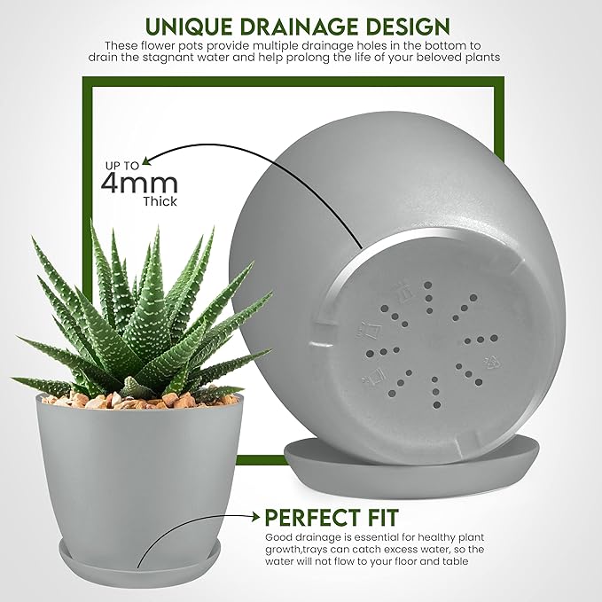 Utopia Home - Plant Pots Indoor with Drainage - 7/6.6/6/5.3/4.8 Inches Flower Pots for Indoor Planter - 5 Pack Plastic Planters - Ideal for Stocking Stuffers or Home Christmas Decorations - Gray UTOPIAHOME