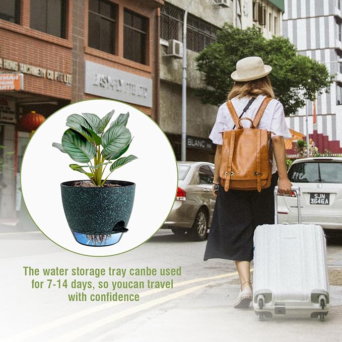 10 inch Self Watering Pots, Planter, Plant Pots with Mesh Drainage Holes for Indoor Outdoor House Plants and Garden, 2 Pack Plastic Flower Pots with Reservoir, Black with Green Speckles WSMKSZ