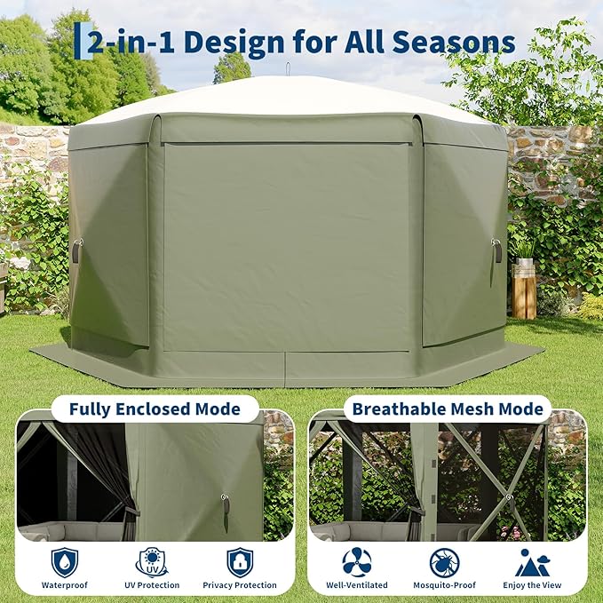 13x13FT 6-Sided Pop Up Gazebo Tent，One-Push Setup Canopy Tent with Removable Canopy Top & Wind Cloths, Outdoor shelter for Camping, Backyard Parties, Outdoor Events - Army Green GarveeLife