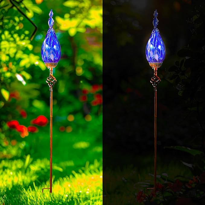 Solar Garden Lights Outdoor, Decorative LED Flame Garden Stakes, Hand Blown Glass and Outdoor Waterproof Glass Stakes (Dark Blue) Rootora