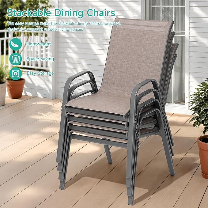 Patio Chairs Set of 6, Easily Set Up Stackable Outdoor Dining Chairs with High Back and Wide Seat, All Weather Breathable Outdoor Chairs Set of 6 with Metal Frame for Backyard Deck Pool, Brown Dovov