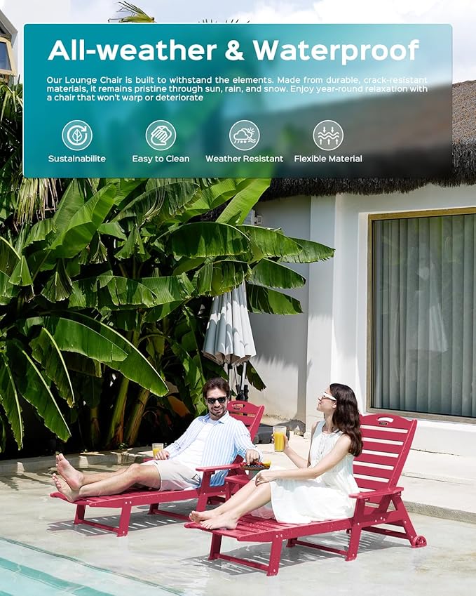 Outdoor Chaise Lounge Chair Set of 2, Patio Lounge Chairs for Outside, HDPE Lounge Chair with Wheels & Cup Holder, Poly Chair with 5 Position for Poolside, Deck, Red CIOKEA