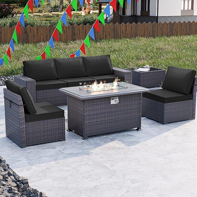 Kullavik 7 Pieces Outdoor Patio Furniture Set with 43" 55000BTU Gas Propane Fire Pit Table PE Wicker Rattan Sectional Sofa Patio Conversation Sets,Black KULLAVIK