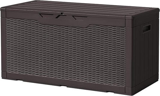 Devoko 97 Gallon Deck Box, Waterproof Resin Outdoor Storage Box for Outside and Patio, Large Outdoor Storage Bench Cabinet Lockable for Patio Furniture, Garden Tools and Pool Supplies (Deep Brown) DEVOKO