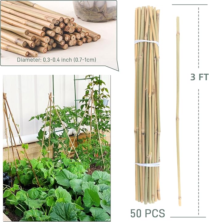 50Pcs / 3ft Bamboo Plant Stakes for Indoor Outdoor Plants, Garden Plant Support Sticks, Poles for Tomato Vegetables Beans Trees Potted Climbing Plants(0.32''-0.4'') Avalution