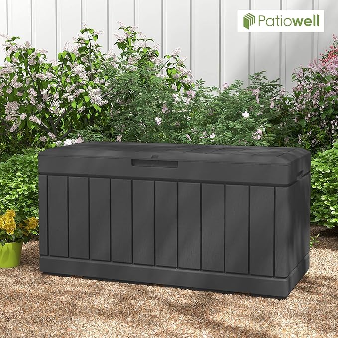 Patiowell 82 Gallon Resin Deck Box, Waterproof Large Wood Look Storage Box for Patio Furniture, Pool Accessories, Garden Tools and Sports Equipment, Lockable, Black Patiowell