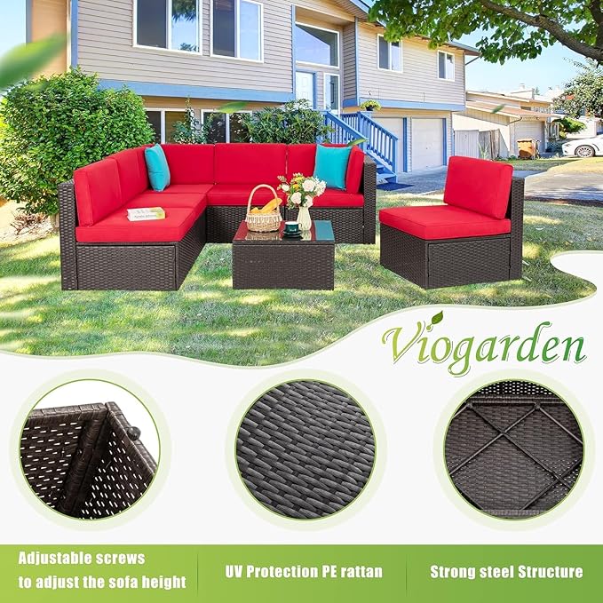 Vongrasig 7 Pieces Patio Furniture Sets, Outdoor All-Weather Wicker Patio Conversation Sets, L-Shaped Rattan Sectional Patio Sofa with Glass Table for Backyard, Red Vongrasig