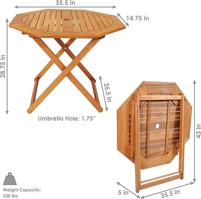Sunnydaze Folding Meranti Wood Outdoor Dining Table with Umbrella Hole - Foldable Teak Patio Table - Teak Oil Finish - Octagon SunnydazeDecor
