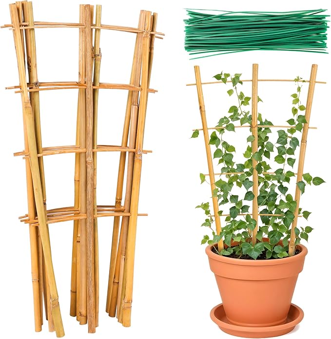 Bamboo Trellis, 24pack 16 Inch Small Plant Wood Bamboo Trellis for Climbing Plants Indoor Potted Plants Sawowkuya