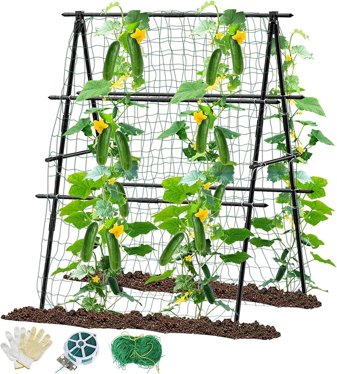 Cucumber Trellis, 31''X47'' A-Frame Cucumber Trellis for Raised Bed with Climbing Net, Metal Garden Trellis for Climbing Plants for Cucumber,Tomato, Grapes and Flowers MQHUAYU