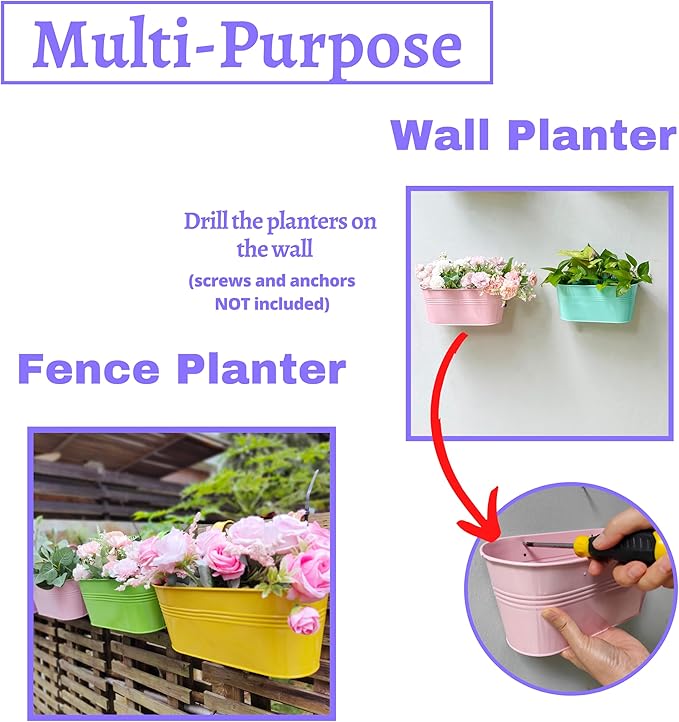 LaLaGreen Rail Planter Outdoor Plants (11.2 Inch, 6 Pack) Colorful Metal Iron Strawberry Hanging Flower Pots Deck Railing, Fence Wall Mount Bucket Modern Window Box Hooks Porch Garden Outside Decor L%C3%A1L%C3%A1Green
