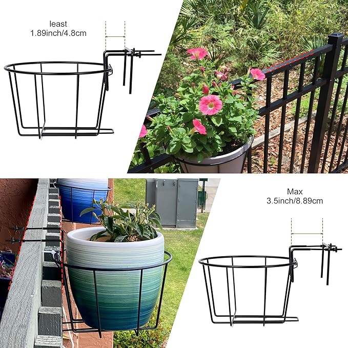 TQVAI 10 Inch Railing Planter - Fit for 1.5 to 3.5 Inches Railing - Adjustable Hanging Planters Outdoor Balcony Deck Flower Pot Holder Metal Baskets for Garden Orchid, Patio Ledge, 3 Pack, Black TQVAI