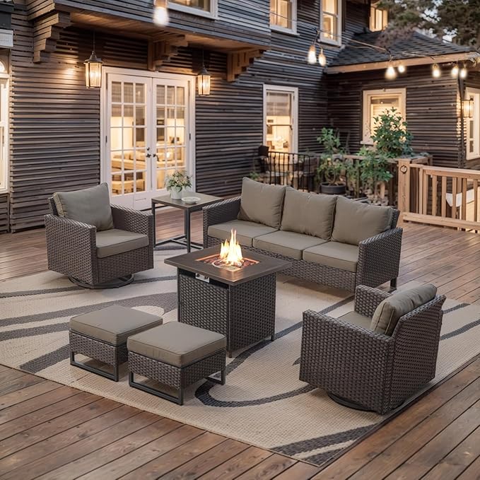 Belord 7 Pieces Patio Furniture Set with Fire Pit Table: Wicker Patio Conversation Set with Outdoor Swivel Glider Rocker Patio Couch Metal Side Table, All Weather Brown Rattan Belord