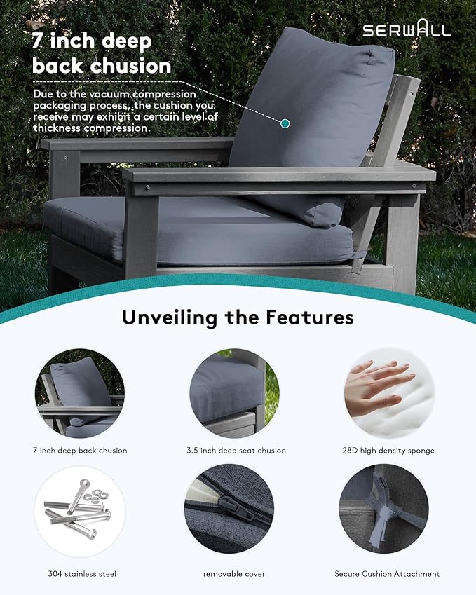 SERWALL HDPE Patio Sofa Set, 3-piece Sectional Outdoor Furniture Set, All Weather Outdoor Couch Set Patio Furniture Set for Deck, Lawn, Grey Frame with Grey Cushion SERWALL