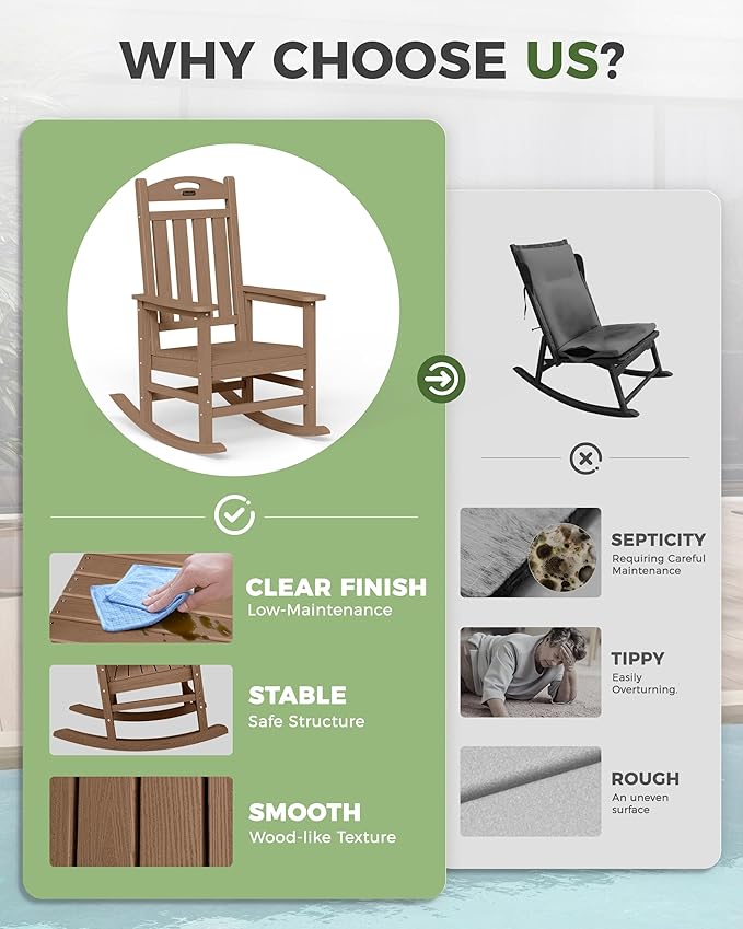 Oversized Rocking Chairs Outdoor Set of 2, High Back Porch Rocking Chair, HDPE All Weather Resistant Patio Chairs, 380lbs Weight Capacity, Teak Suunyn