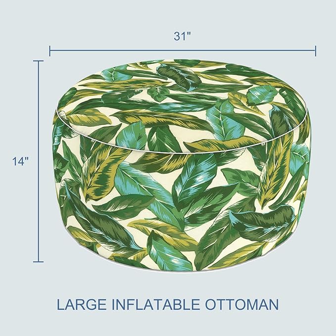 LVTXIII Indoor/Outdoor Extra Large Inflatable Ottoman Pouf D31 x H14 Inch, Round Footstool with Handle, Weather-Resistant Portable Furniture for Patio, Camping, Beach, Lush Leaf Jungle LVTXIII
