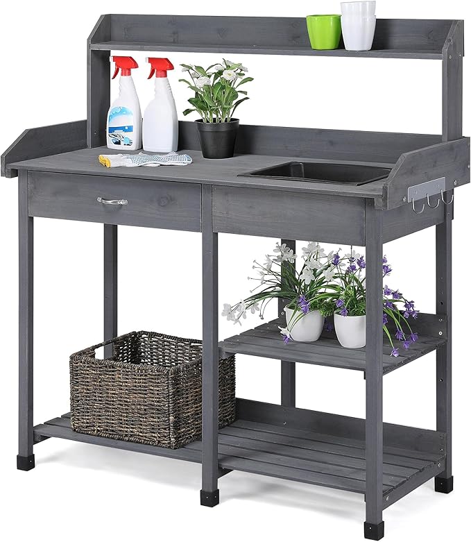 Yaheetech Outdoor Potting Bench Table Potters Benches Garden Workstation for Horticulture with Drawer/Adjustable Shelf Rack/Removable Sink/Hooks/Pads, Gray Yaheetech